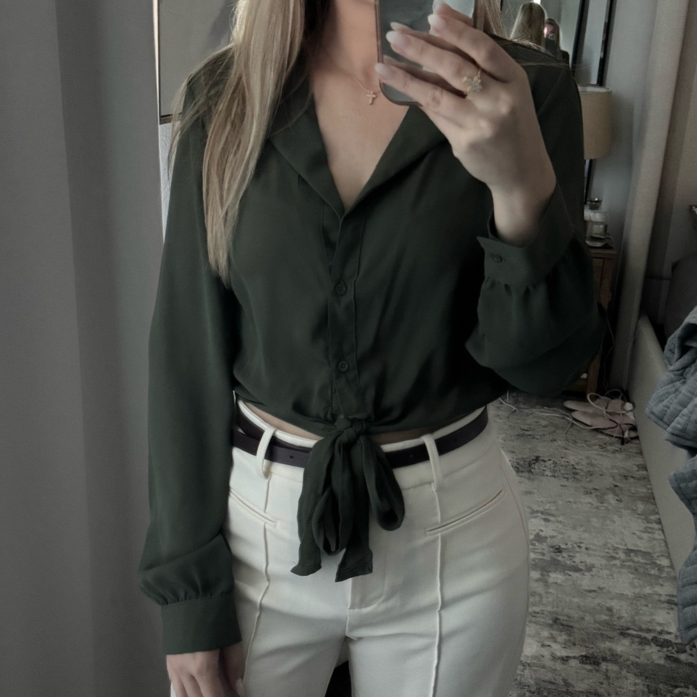 Elegant Army Olive Green Women's Front Tie Button Down Work Blouse - Picture 5 of 5